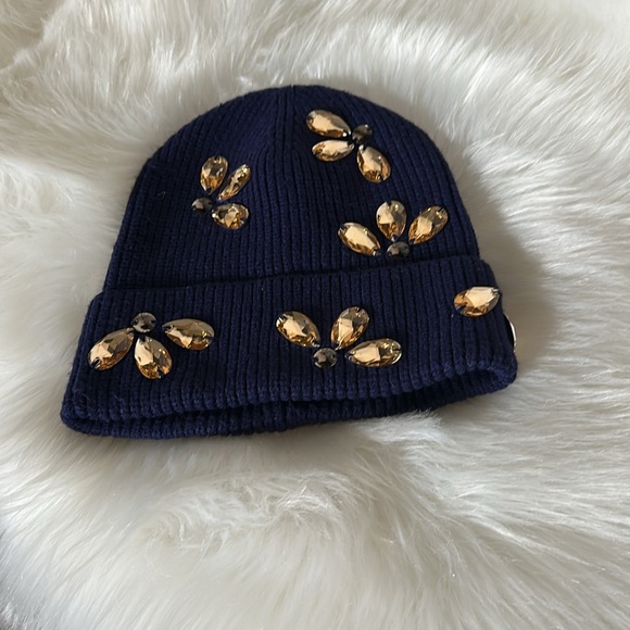 Anthropology Beanie Crystal Embellished Navy Blue - Picture 2 of 3